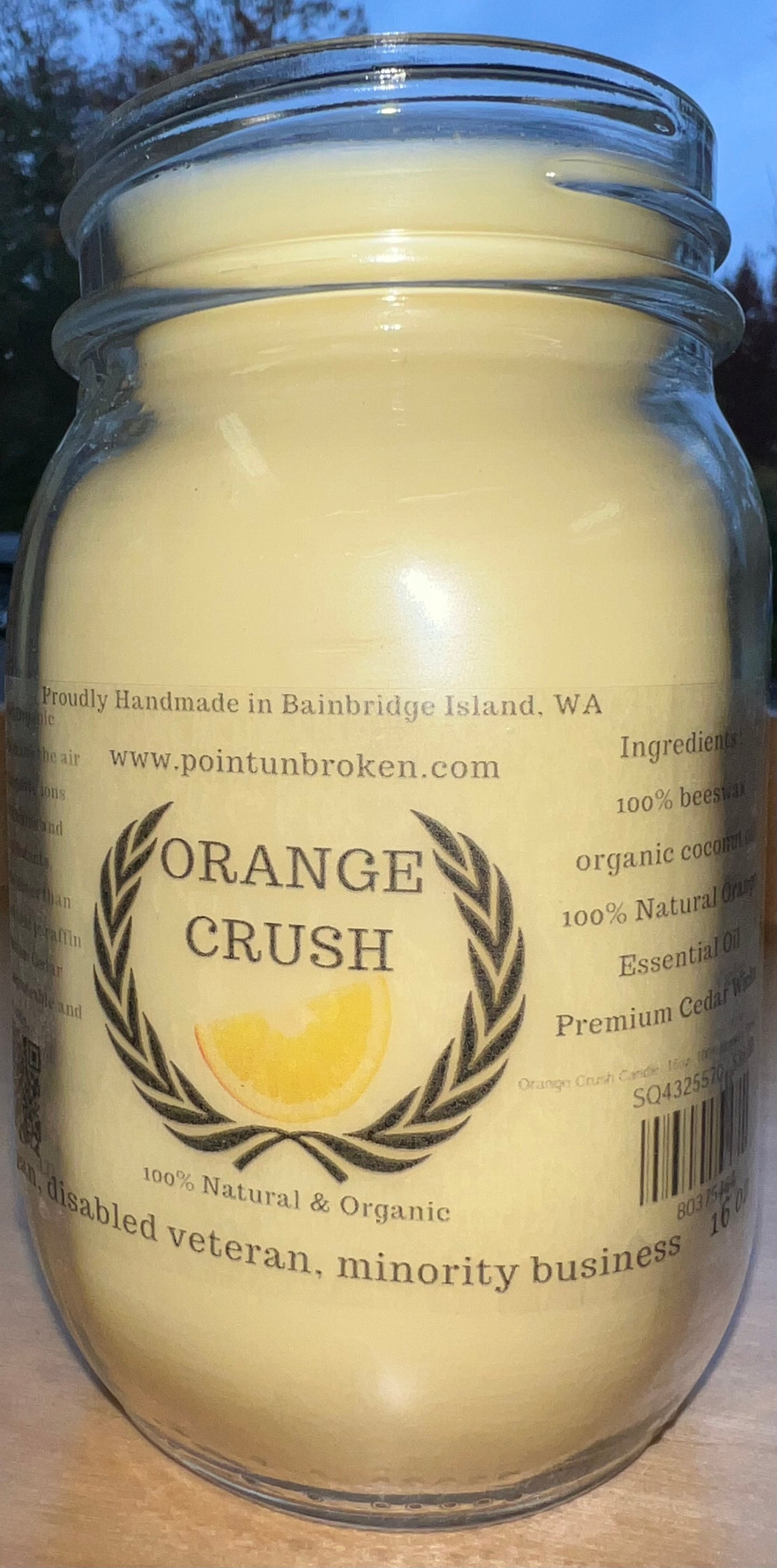 Orange Crush Candle- 16oz- 100% Beeswax, Orange Essential Oil, w/ Cedar Wood Wicks